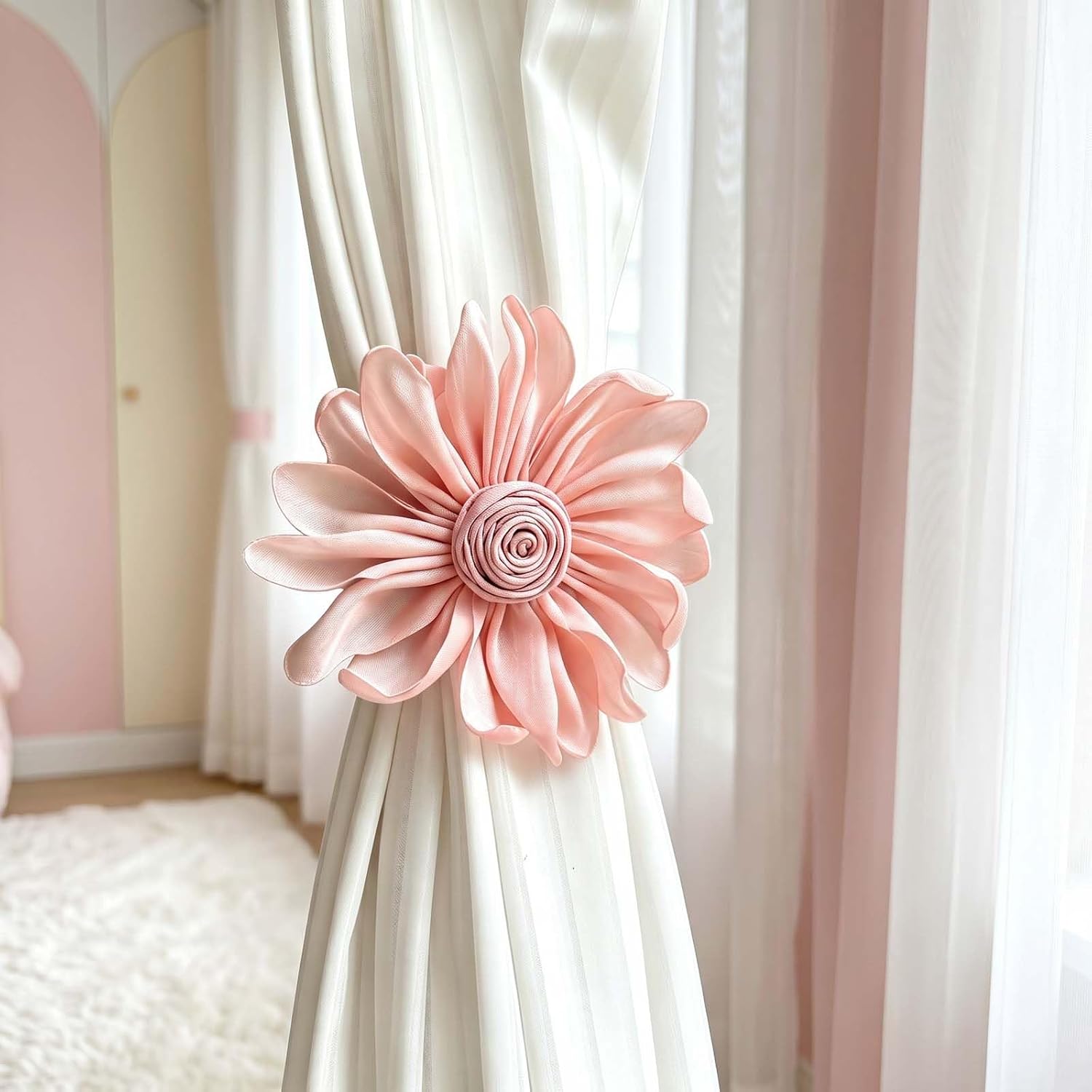 2Pcs Curtain TieBacks for Curtain Drapes,Curtain Clips to Hold Curtains Closed, Shabby Chic Drapery Holder, Curtain Flower Clips for Bedroom, Wedding & Party Decoration (Beige) image 5