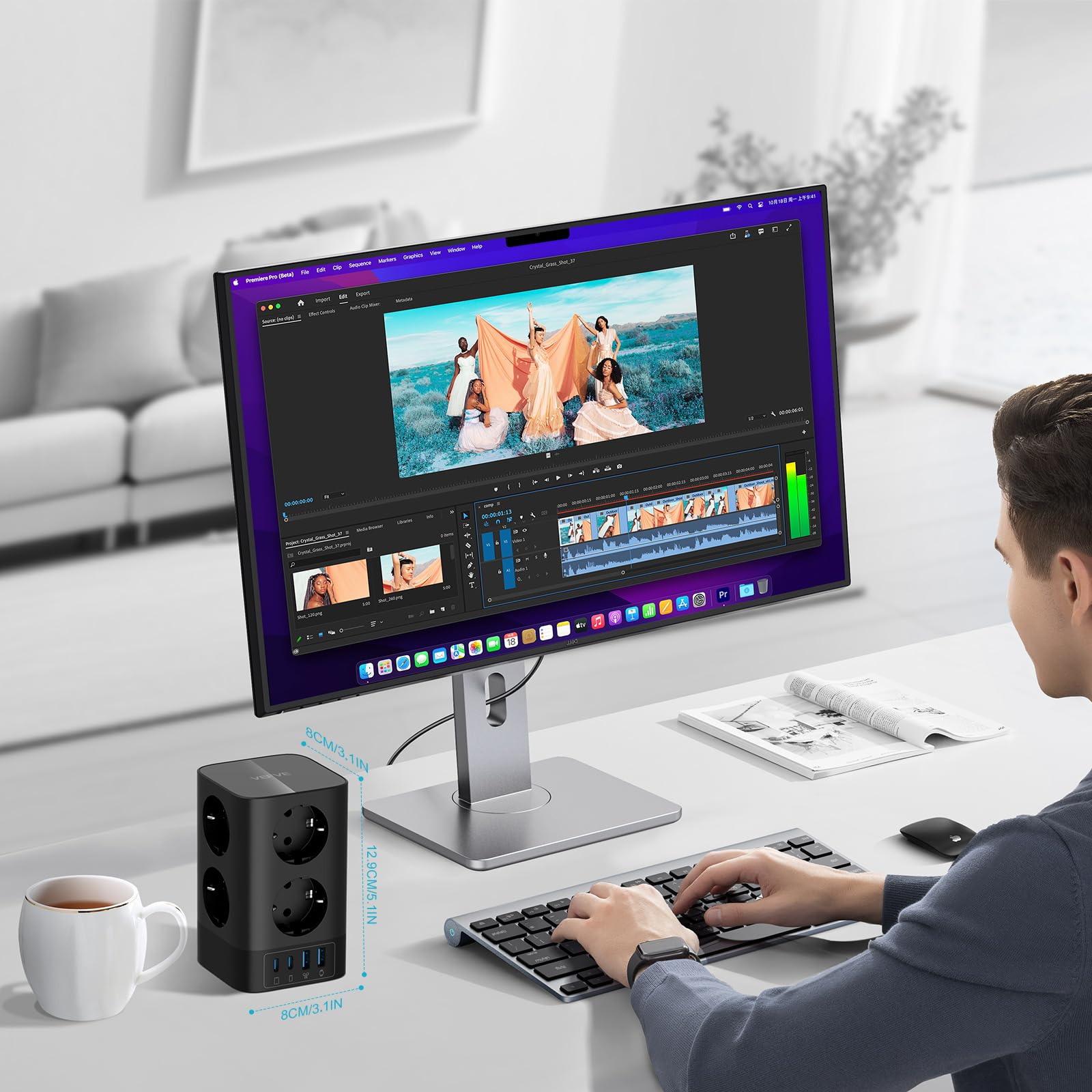 VEFVE Multiprise Tour 12 en 1 (4000W 16A), Bloc Prise Parafoudre avec USB C 30W GaN Charge Rapide, 8 Prises Françaises et 4 USB, Interrupteur, Câble 3m, Noir
