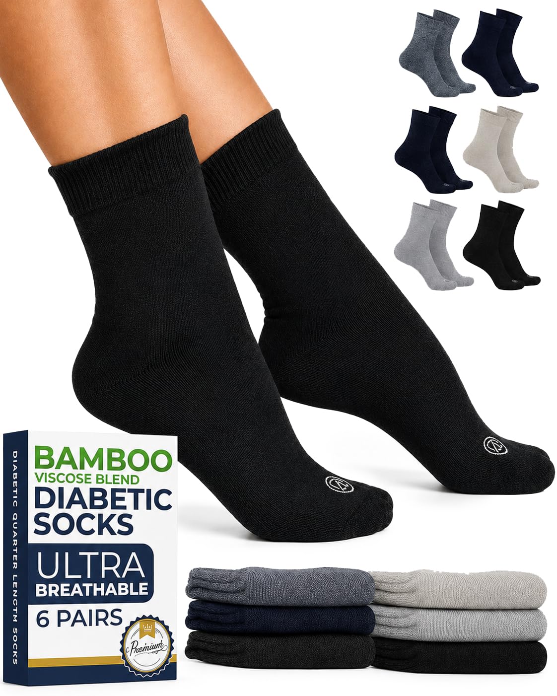 Pembrook® Bamboo Viscose Diabetic Socks for Women and Men - 6 Pairs