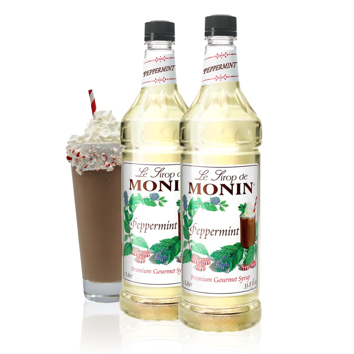 Monin - Peppermint Syrup, Cool Tingle of Candy Cane, Natural Flavors, Great for Cocoas, Mochas, Smoothies, and Sodas, Non-GMO, Gluten-Free (1 Liter, 2-Pack)