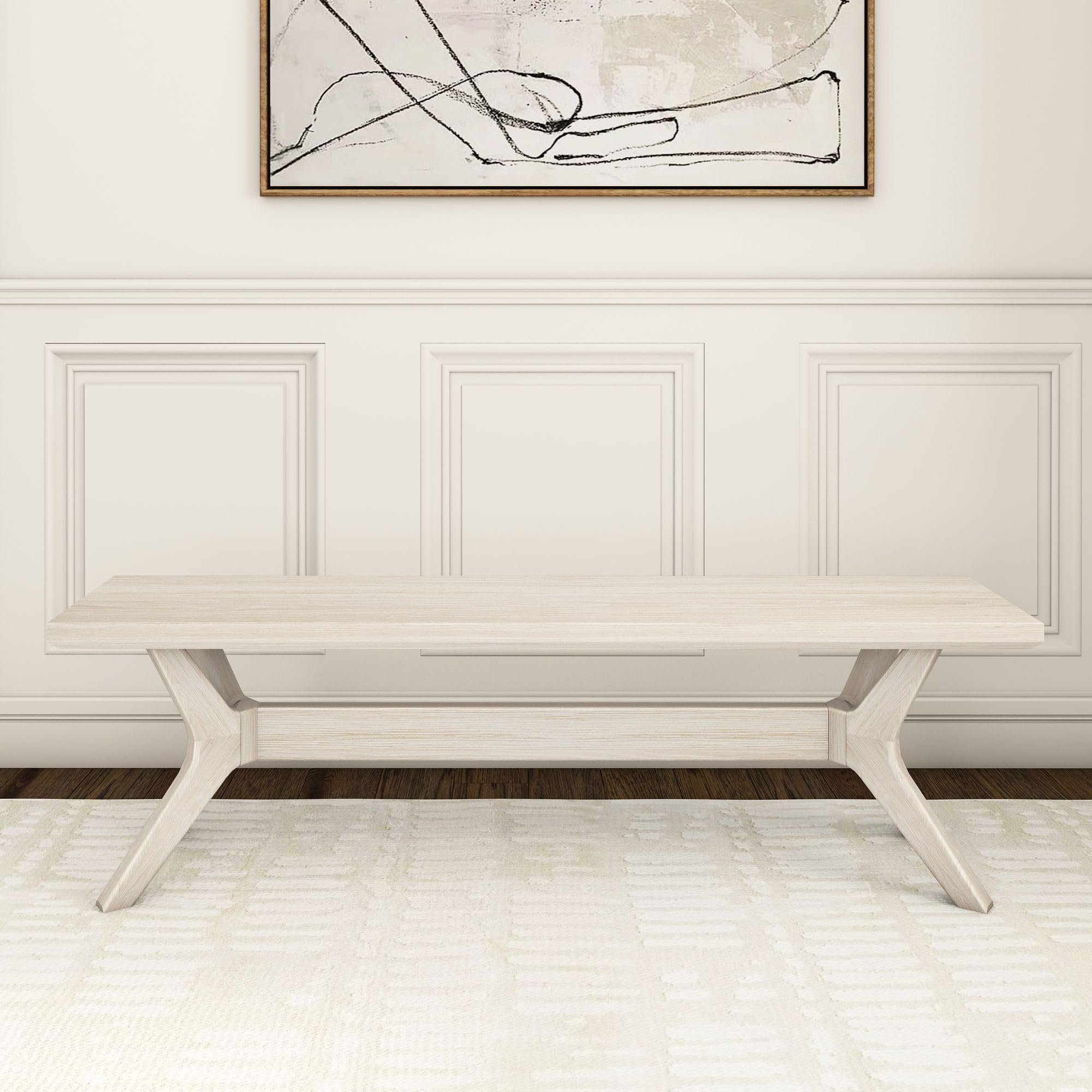 Plank+Beam Verso Dining Bench, 60 Inch, White Sand | Scandinavian Design Meets Boho Charm, Distinctive Cross-Leg Base, Hassle-Free Setup, Easy Assembly, Solid Wood