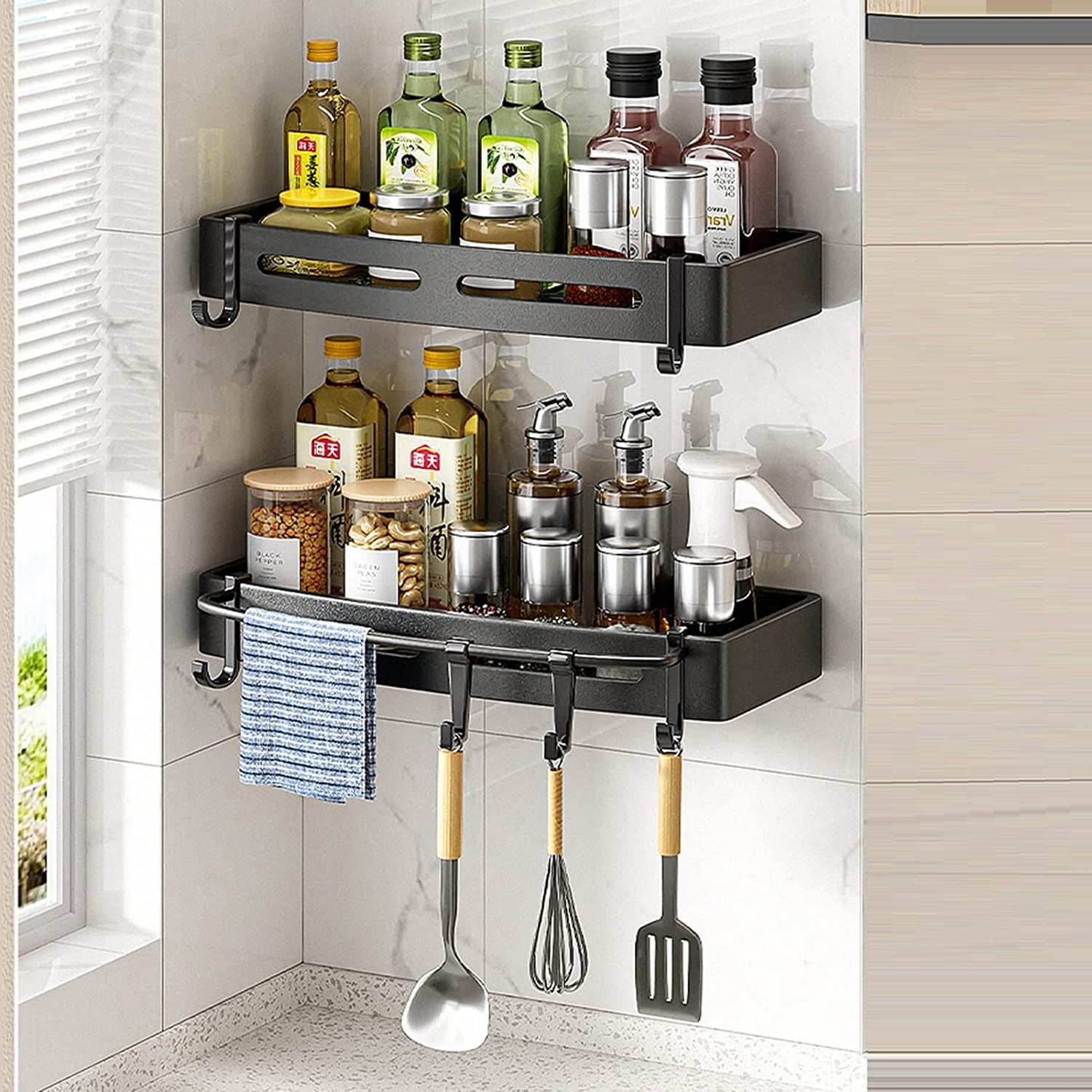 AKAZI Estante de Ducha Adhesivo Estantería de Pared para baño Estantes de Ducha Sin Taladro con Espacio de Gancho Aluminio para baño Cocina,Silver B,1 Story (Black B 2 Layer)