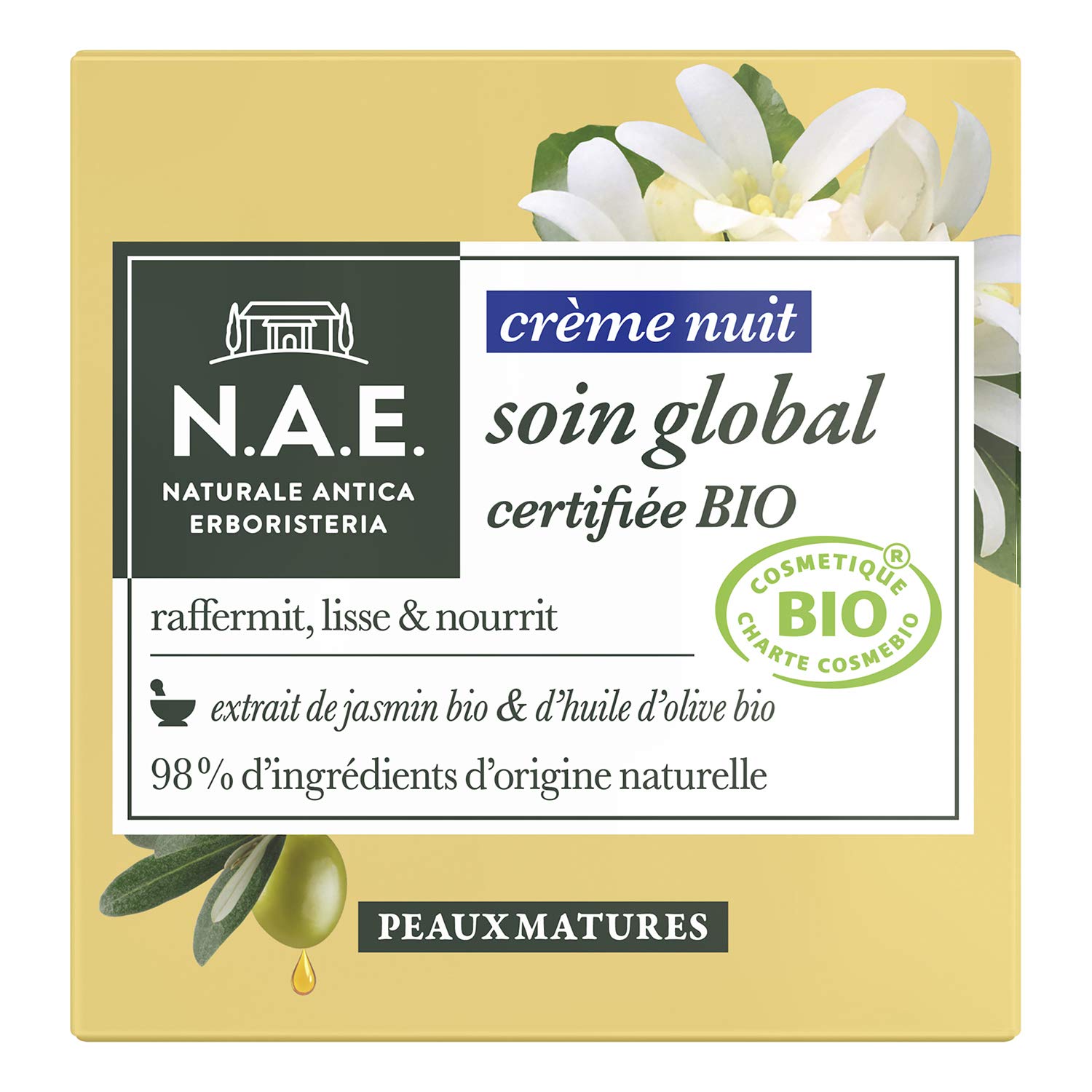 N.A.E. - Crème Visage de Nuit - Certifiée Bio - Soin Global - Peaux Matures - Extrait de Jasmin Bio et d'Huile d'Olive Bio - 98% d'ingrédients d'origine naturelle - Soin du Visage BIO - Pot de 50 ml