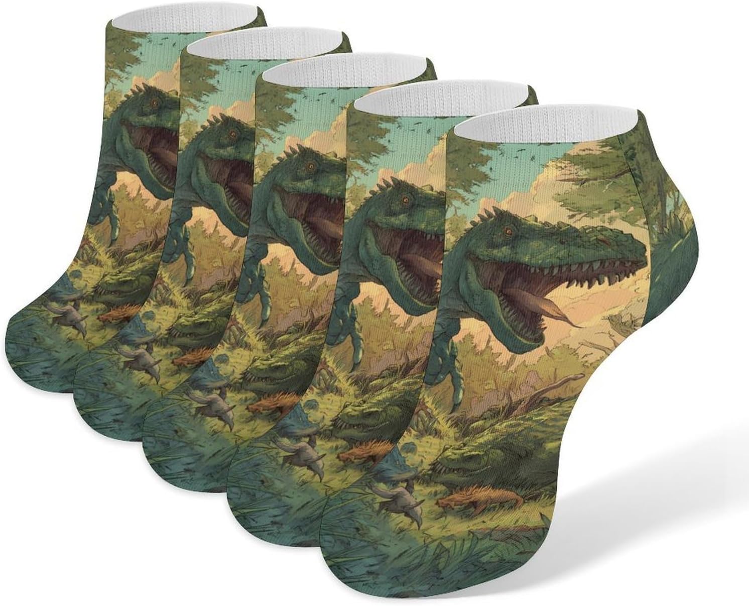 Dinosaur Primeval Forests No Show Ankle Socks Low Cut Non Slip Flat Boat Line 5 Pairs Set
