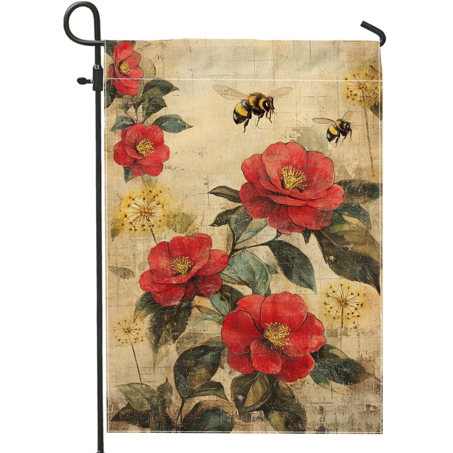Summer Floral Garden Flag, Red Camellia Flowers Bee Home Decor Garden Flags, Double Sided Burlap Yard Flag Outdoor Lawn Decoration 12x18 Inch