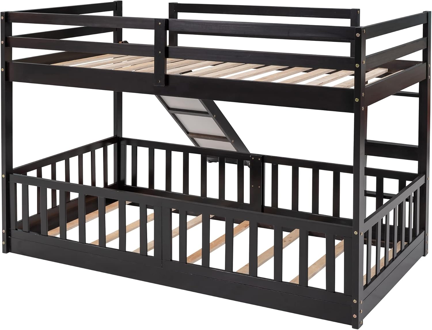 SOFTSEA Twin Over Twin Low Bunk Bed with Slide and Fence for Kids Teens