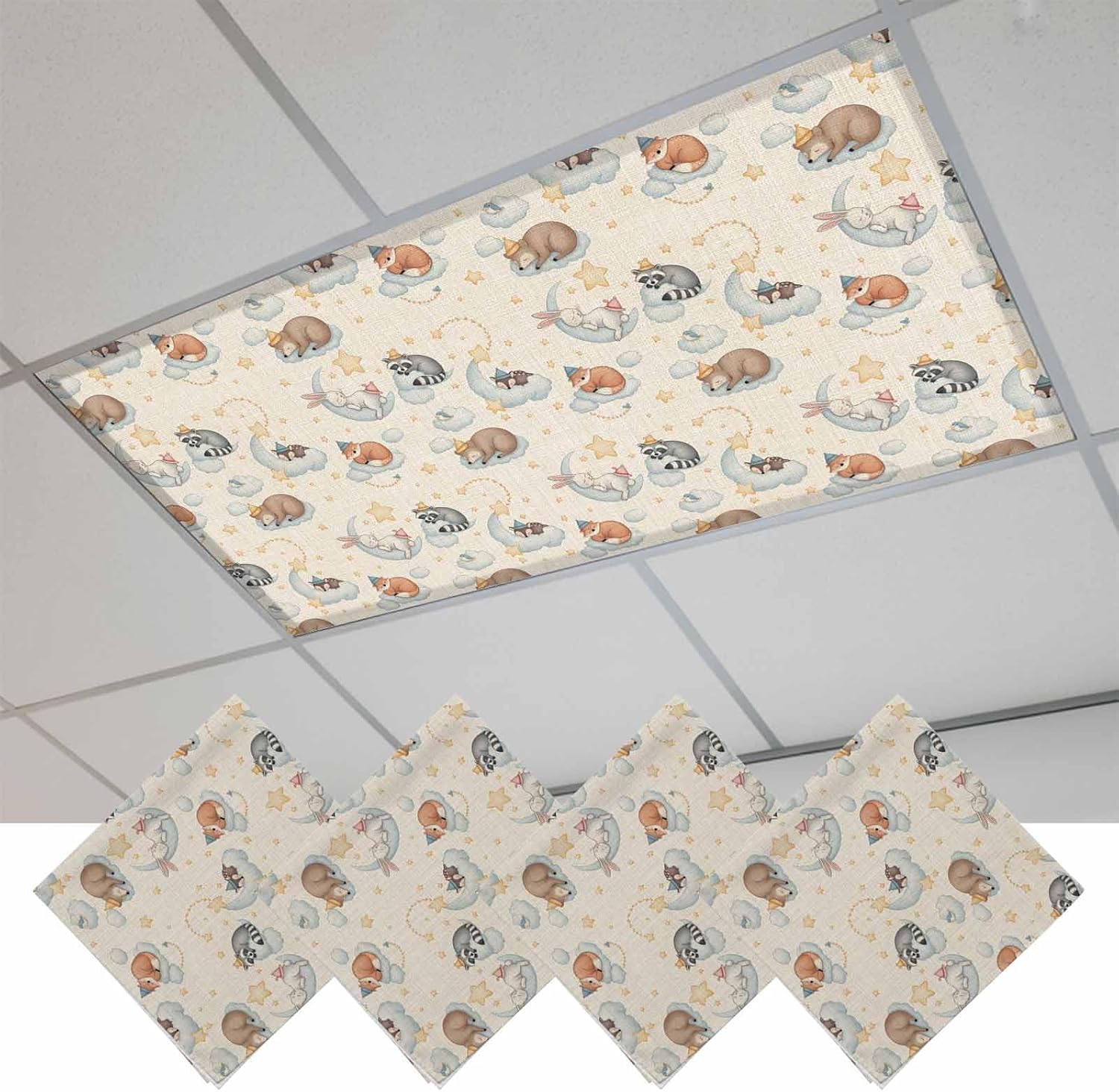 2x4 ft Fluorescent Light Cover for Ceiling Cartoons Cute Rabbits Raccoons Foxes Magnetic Light Filters, Vintage Animals Ceiling Lampshades for Home School Office 4Pcs