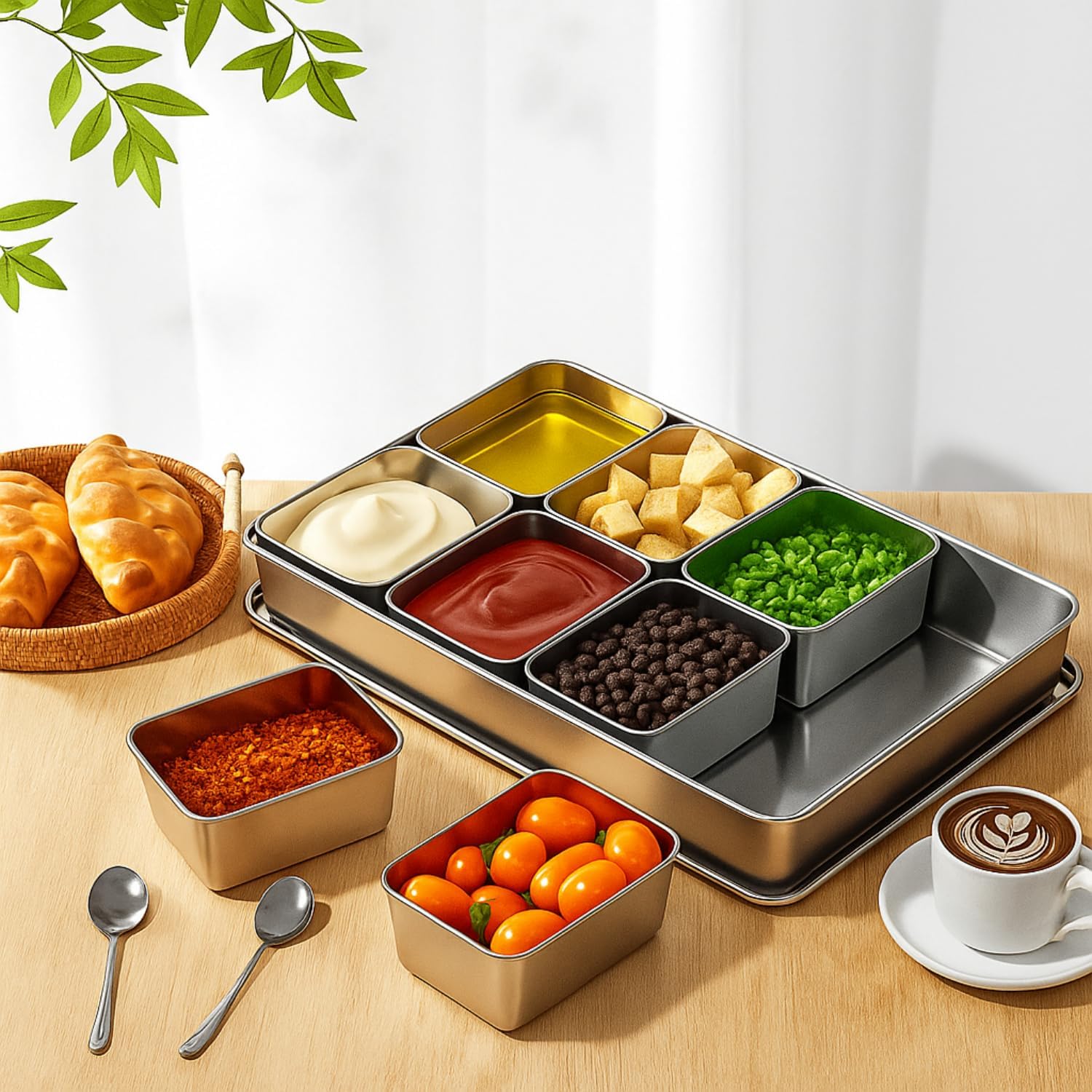 Boao 8 Compartment 304 Yakumi Pans Stainless Steel Seasoning Condiment Container with Lids Spoons, Japanese Yakumi Pans Mini Sauces Salad Dressings Storage for Food, Herbs, Spices - Image 4