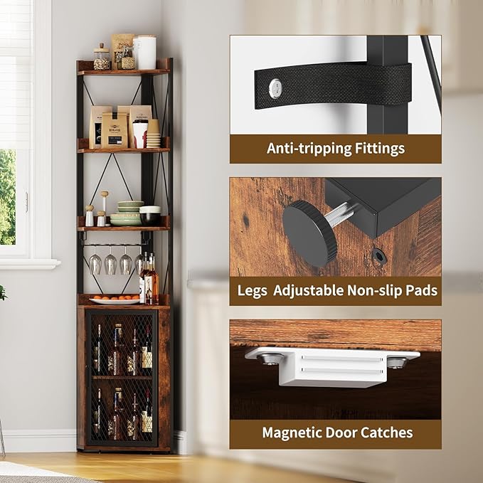 Gabinete Bar Esquinero de 5 Niveles con Soporte para Copas, Estantes Ajustables miniatura 3