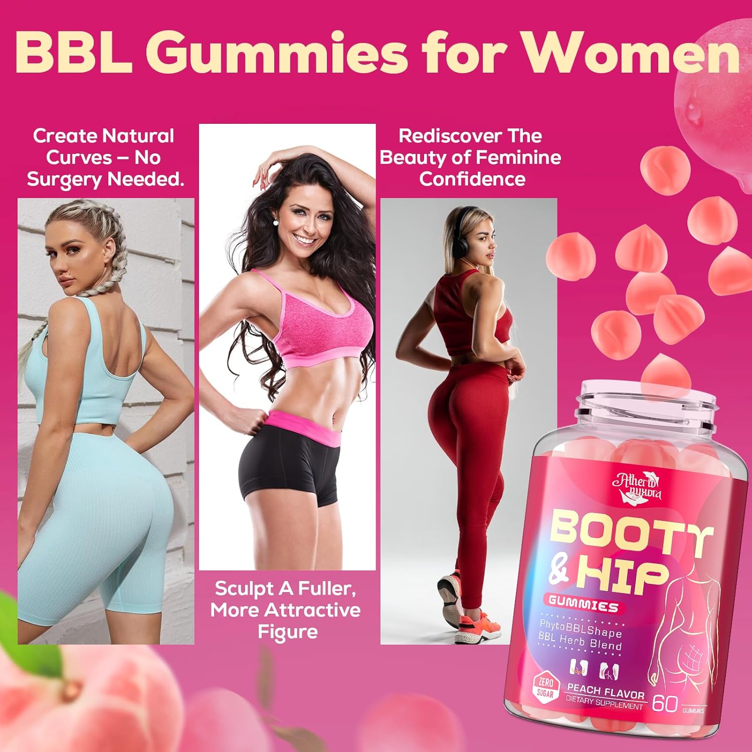 Booty Gummies for Women - BBL Gummies with Bovine Collagen Peptides - Herbal Blend with Aguaje, Fenugreek, Kwao Krua, Wild Yam, Blessed Thistle, Vitamin C & Zinc - Delicious Peach Flavor - Image 7
