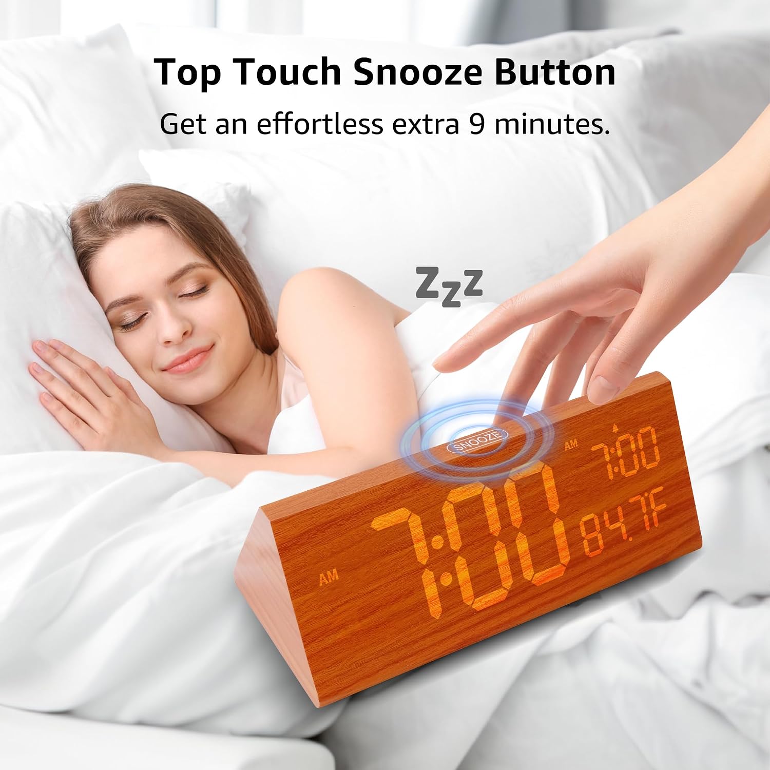 OhM-ega Wooden Digital Alarm Clock, Electric Clocks with Dual USB Port, Large Numbers, Temperature Display, Brightness Dimmer, Sound-Activated Display, Snooze, 12/24H, Brown