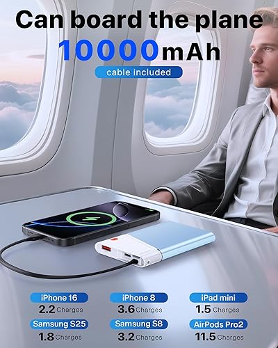 Miniatura 4 de Cargador portátil, cargador de batería de 10000 mAh, 22.5 W PD de carga súper rápida con cable USB C integrado de entrada y salida, paquete