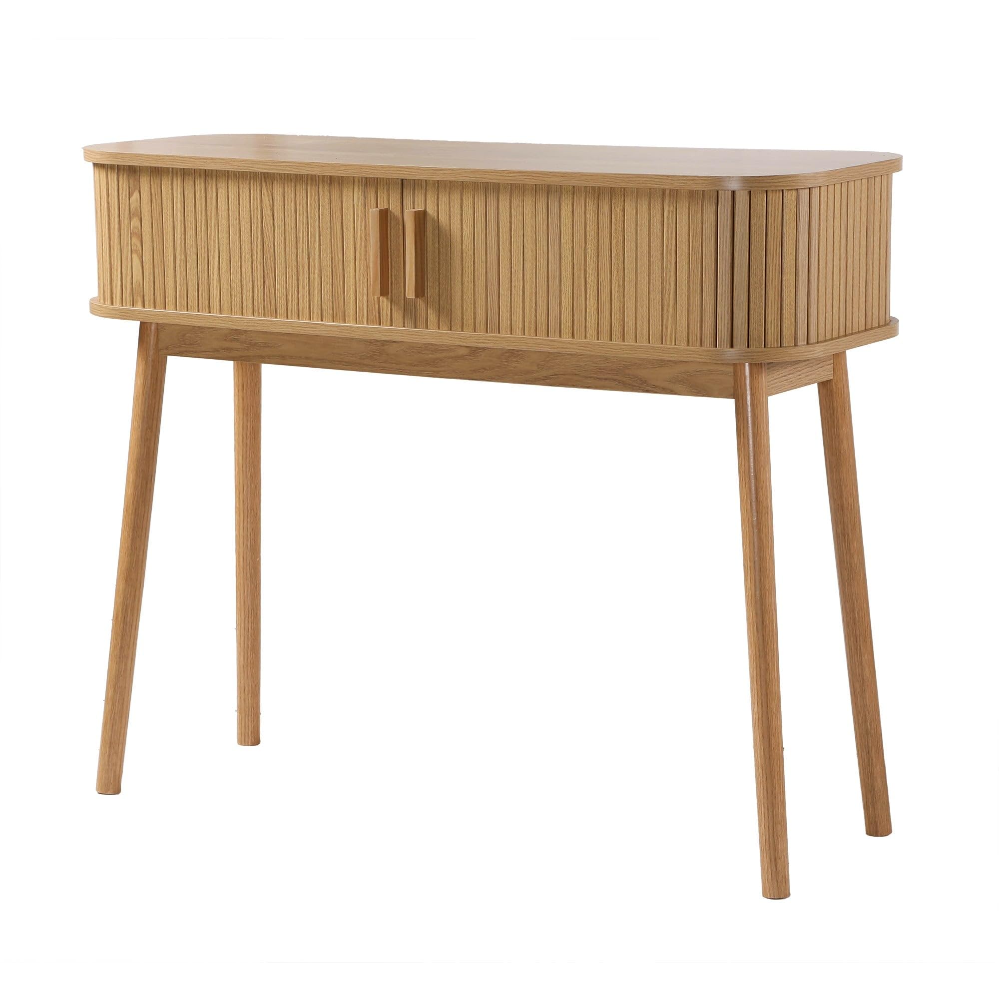 Calicosy – Consola de 2 puertas correderas – Fachada ranurada – Decoraciones de roble – Paneles de partículas – Patas de pino – Asas de madera – Entrada, Pasillo, Salón – Estilo natural – 100 x 35 x
