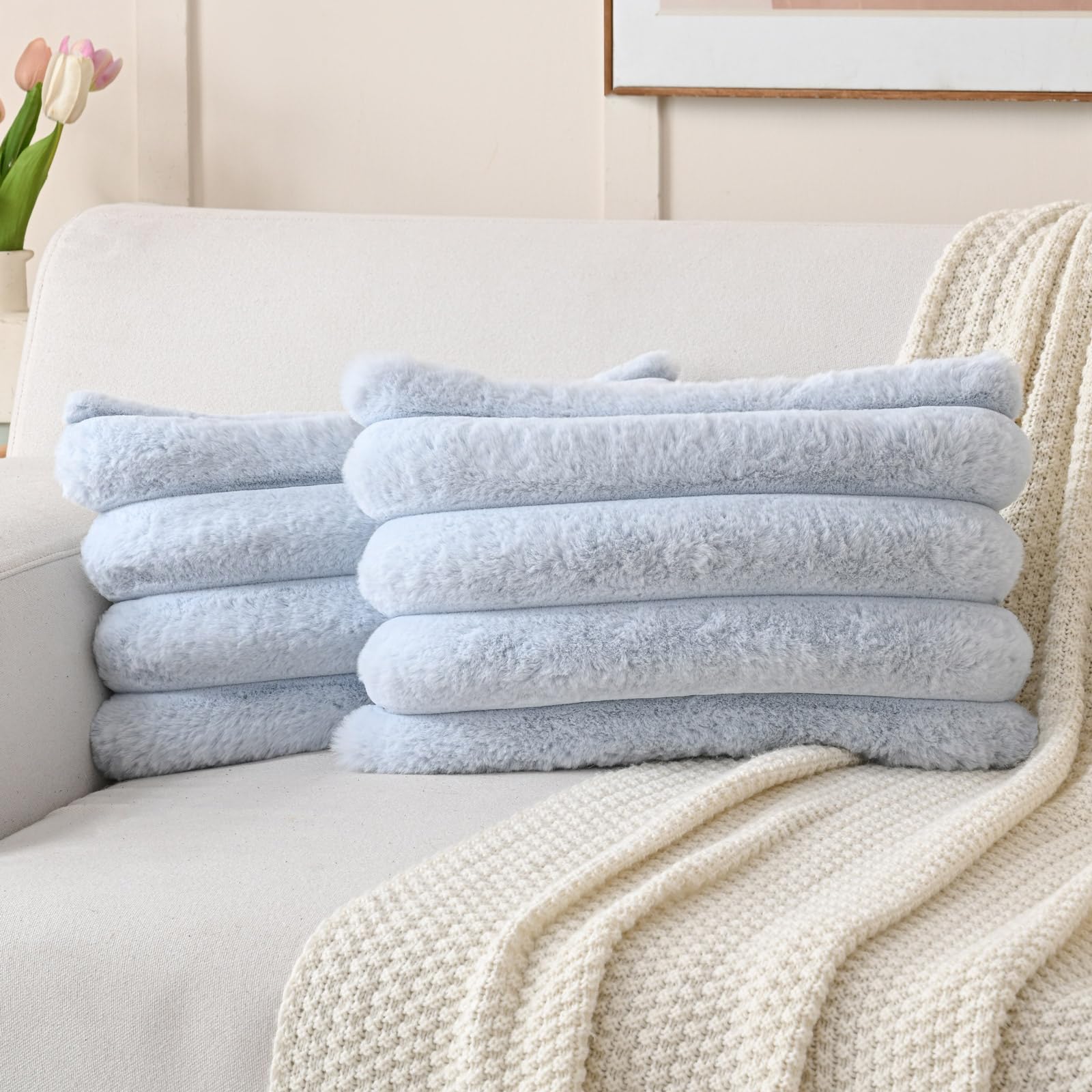 FUTEI Set of 2 Fluffy Faux Rabbit Fur Cushion Covers 30 x 50 cm,Light Blue