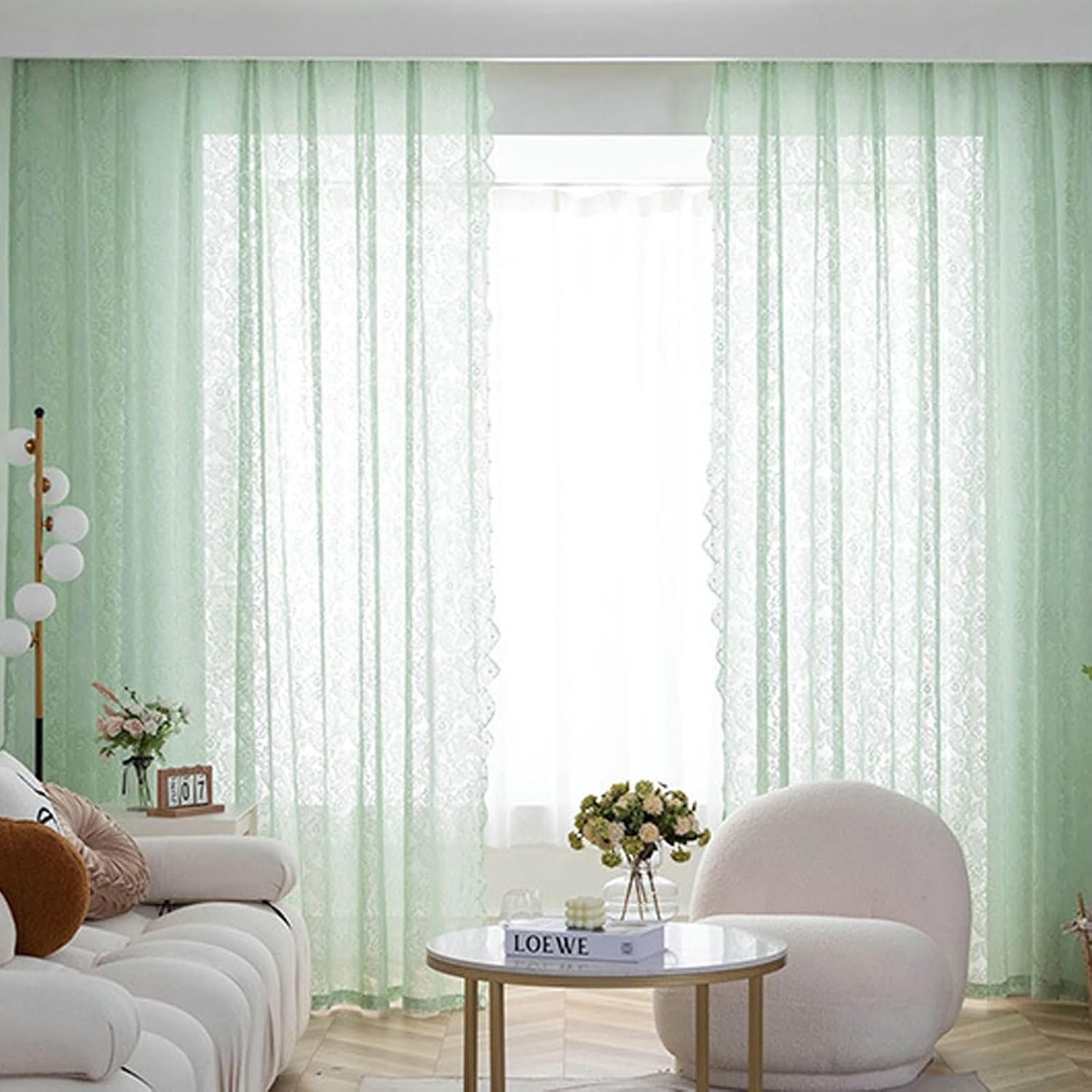 Daesar Transparent Curtains 2 Panels Set 84 Inch Length, Eyelet Tulle Curtains Solid Color Flower Embroidered with Bead Voile Curtains for Living Room Window Treatment, 54x84 Inch Green