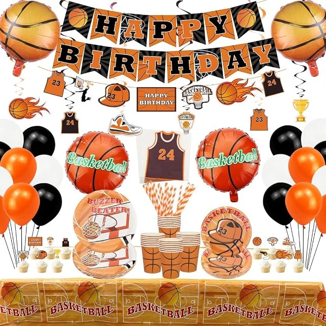 Hegbolke Basketball Party Decoration - Basketball Birthday Party Supplies Including 4 Basketball Balloons Set, Plates, Cups, Napkins, Hanging Swirls, Banners, and Balloons - Serves 20