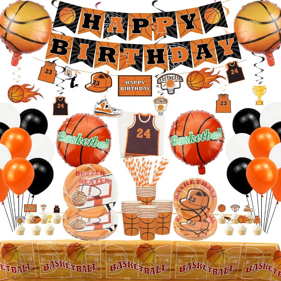 Hegbolke Basketball Party Decoration - Basketball Birthday Party Supplies Including 4 Basketball Balloons, Plates, Cups, Napkins, Hanging Swirls, Banners and Balloons - Holds 20 People