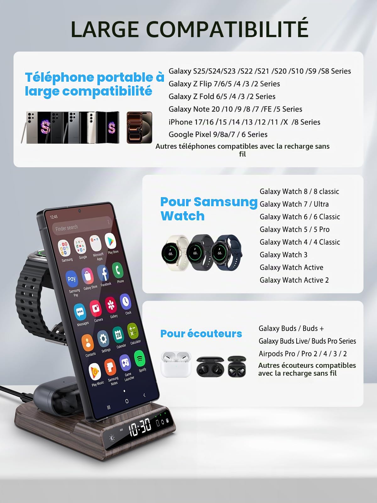 Chargeur Induction Fil pour Samsung Galaxy S25 Ultra/S24, Chargeur sans Fil avec Horloge numérique pour Samsung Galaxy Watch 8/7/6, Wireless Charger pour Galaxy S23, Z Fold 7, Buds (Grain de Bois)