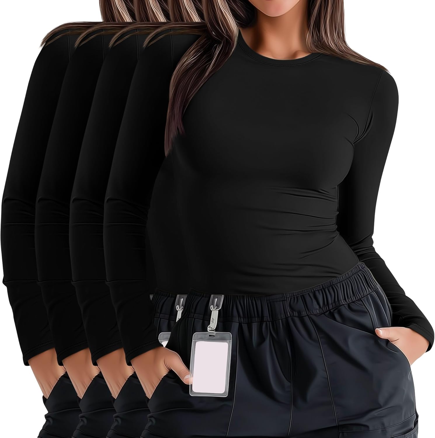 4 Pack Women's Plus Size Underscrub Shirts Long Sleeve Crew Neck Tops Fitted Basic Layering Tee for Nurse Undershirt