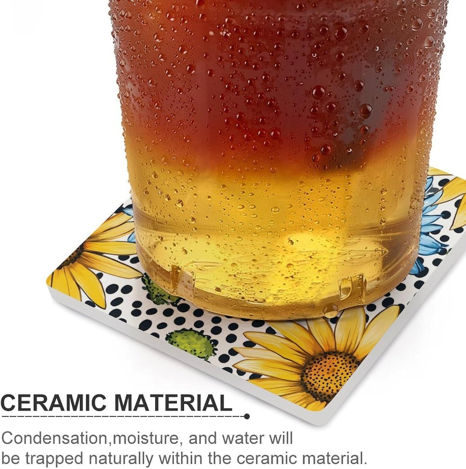 Sunflower Black White Spotted Coasters for Drinks Square Table Coasters Set Cup Mats with Cork Base