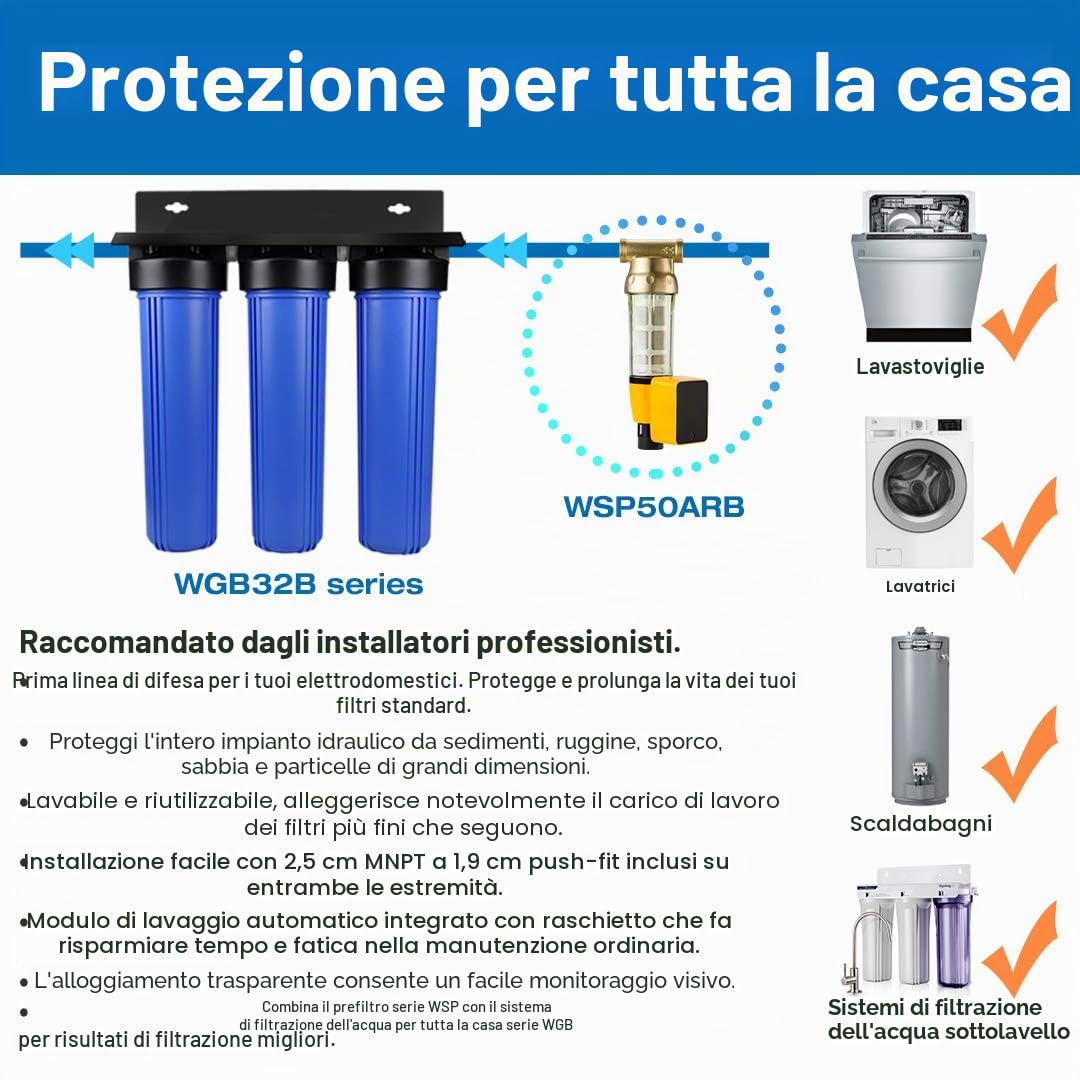 iSpring FWSP50ARB Cartuccia di Ricambio per Filtro a Sedimenti Riutilizzabile con Raschiatore e Coperchio di Tenuta per la Serie WSPARB, 50 Micron
