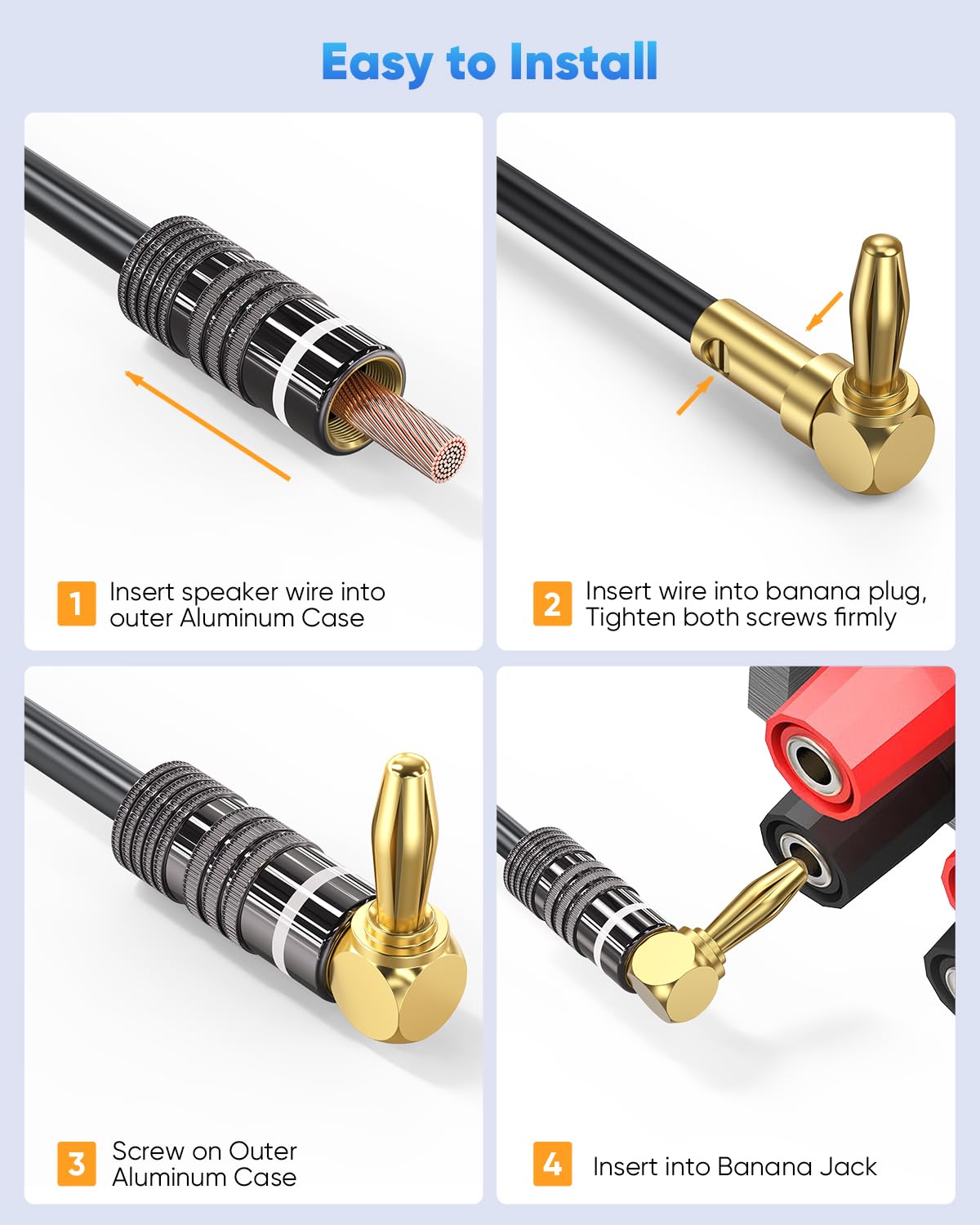 Connettori a banana ad angolo retto per cavo altoparlante, 2 paia/4 pezzi, connettori a banana per altoparlanti, connettori placcati in oro 24 K per ricevitore A/V, amplificatore, sistema