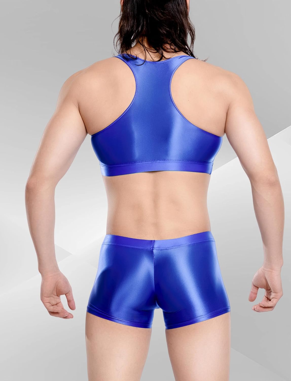 FEOYA Men's Oil Shiny Crop Tank Top and Boxer Shorts Set 2 Piece Metallic Club Rave Outfits