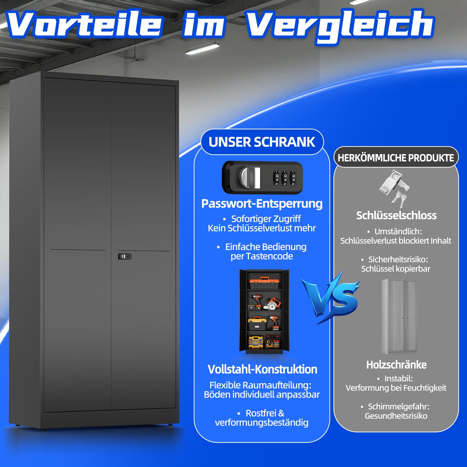 Metallschrank, Werkzeugschrank, Aktenschrank Abschließbar, Mehrzweckschrank mit Kombinationsschloss, Verstellbare Regale, Garage,Büro, Wohnzimmer, 180cm x 80cm x 40 cm, Schwarz