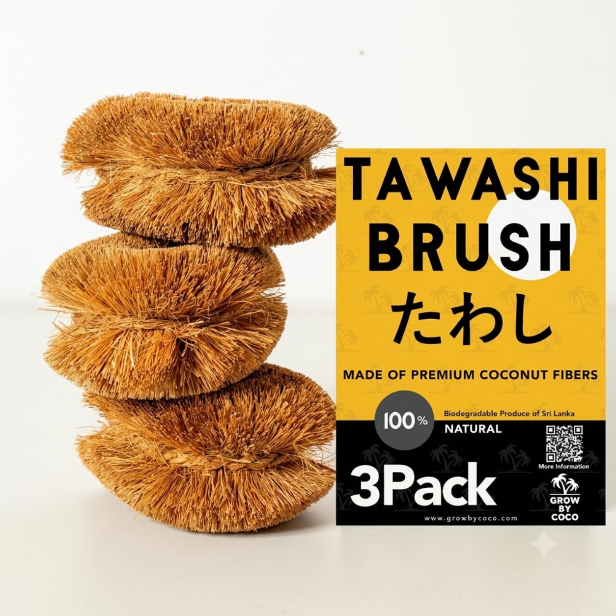 Zestaw 3 pędzli do szorowania warzyw Tawashi, 100% naturalne włókno kokosowe, peeling owocowy, przyjazna dla środowiska alternatywa dla gąbki, japoński design Kamenoko, szorownica do naczyń