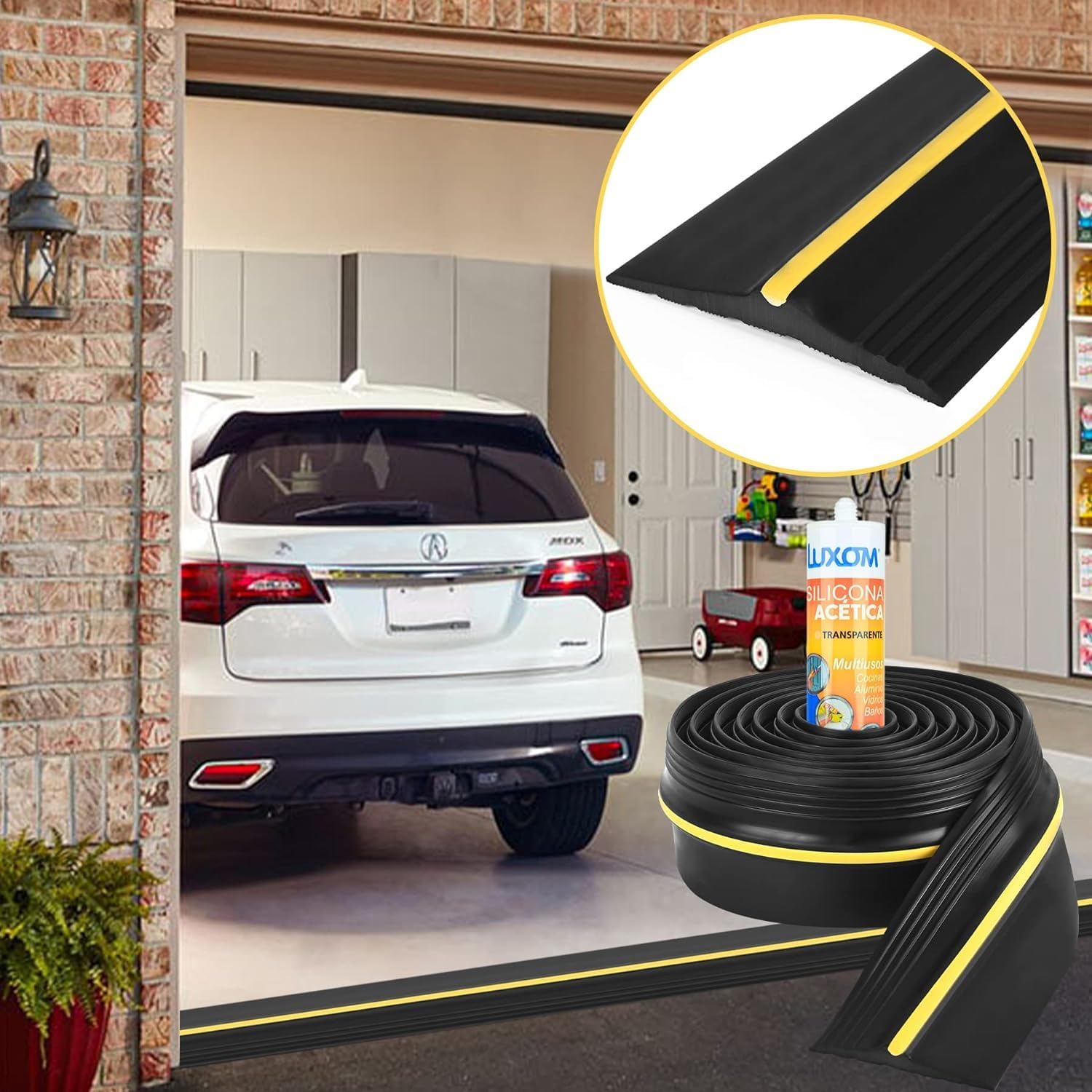 MYFAMIREA 12FT Garage Door Bottom Threshold Seal Strip with 300ml Black Adhesive/Sealant, Universal Rubber DIY Bottom Floor Threshold Seal, Weatherproofing Weather Stripping Replacement (3.7M Black)