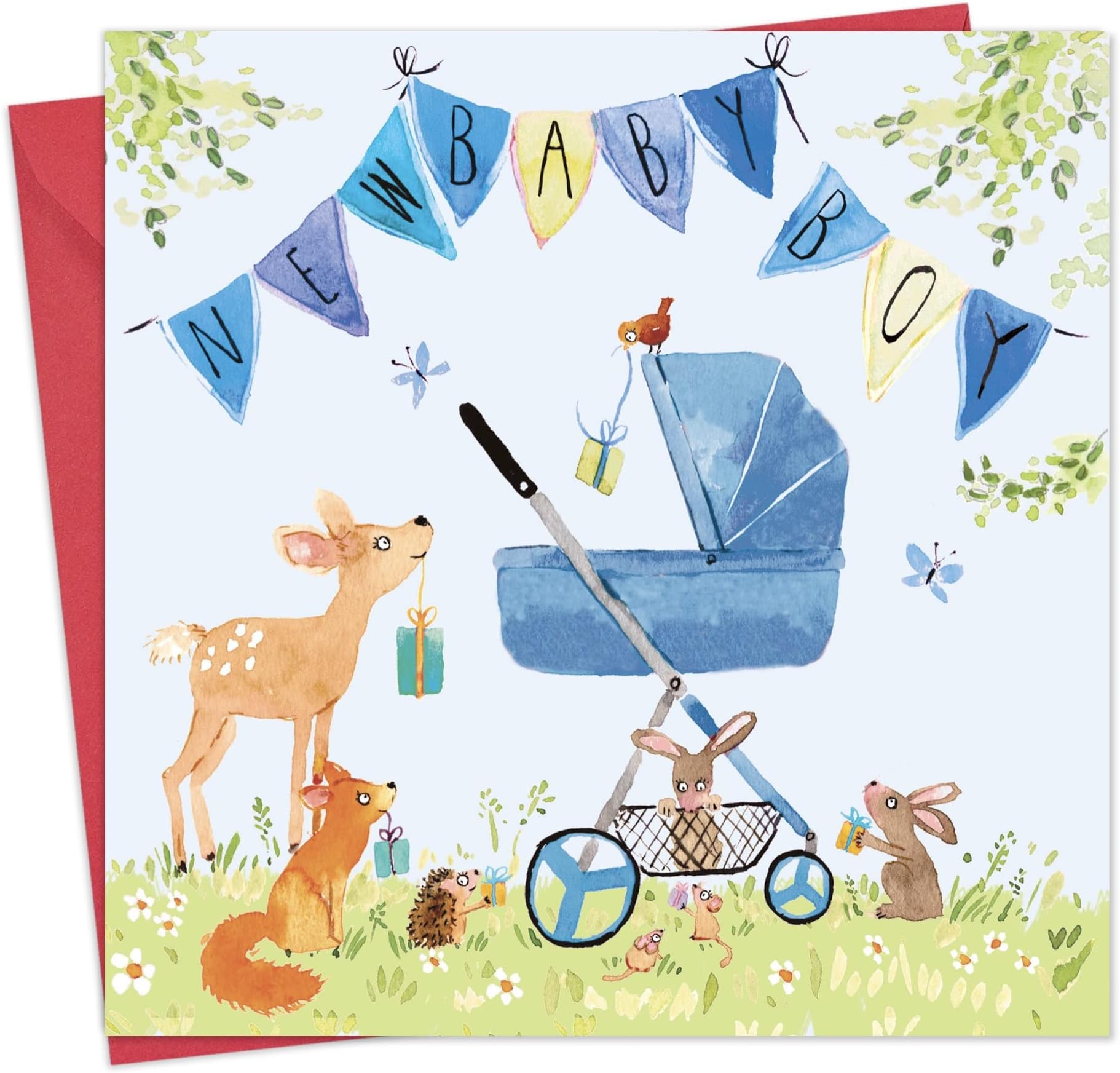 Twizler New Baby Boy Card with Blue Pram, Bunting and Woodland Animals - New Baby Card Boy - Newborn Essentials - Congratulations Card - Cute Card - New Baby Gifts - New Baby Boy Gifts