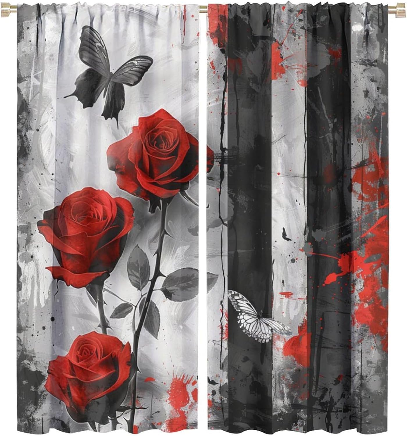 Abstract Rose Blackout Curtains, Butterfly Red Garden Curtains Rod Pocket Thermal Insulated Window Drapes for Bedroom/Living Room, 2 Panels, Each 21W x 45L