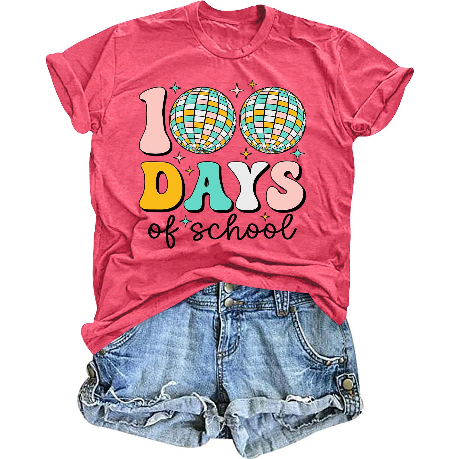 HQP 100 Day Shirt Women Teacher Shirts: Disco Ball 100 Days of School Days Inspirational Graphic Tees Tops