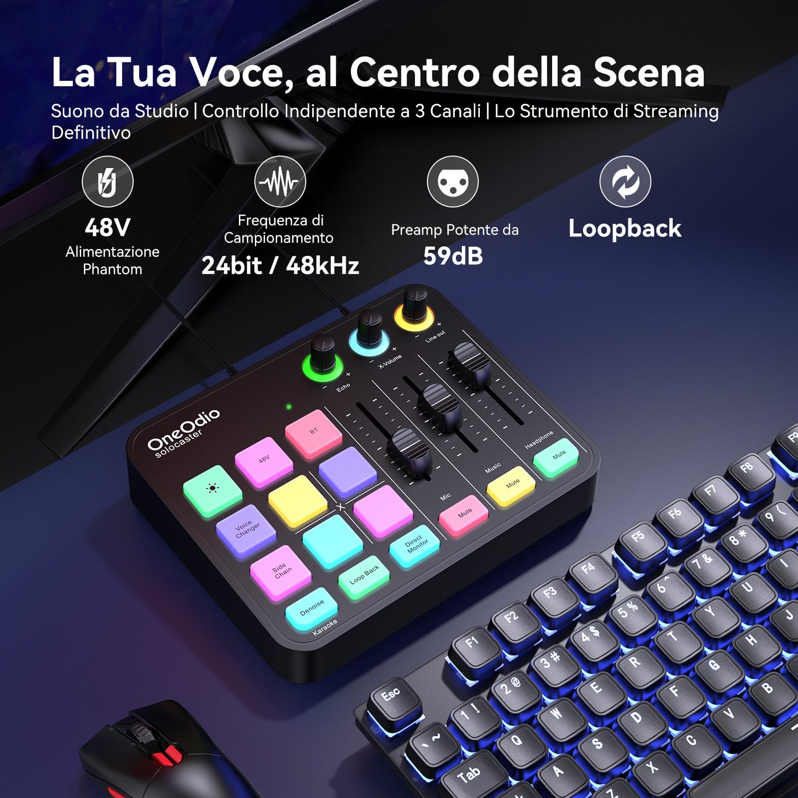 OneOdio Solocaster Gaming Audio Mixer - Interfaccia a 5 Canali con Alimentazione Phantom 48V, Bluetooth, Illuminazione RGB, 3.5mm/XLR/USB C, per Streaming/Podcast/Karaoke su PC, Mac, Mobile