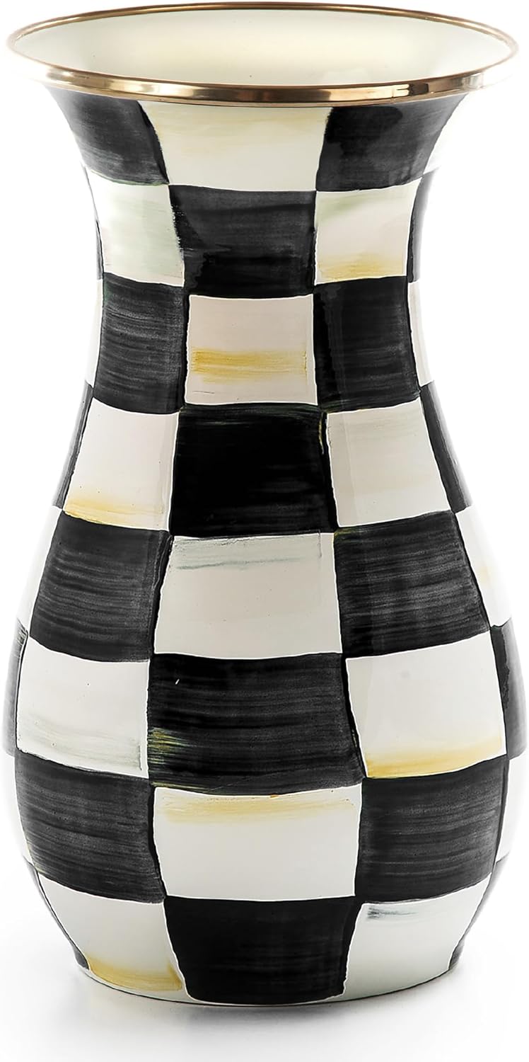MACKENZIE-CHILDS Tall Enamel Vase, Unique Flower Vase, Decorative Table Decor for Living Room, Black-and-White Courtly Check