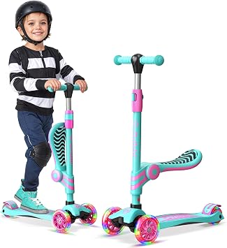 Candy 3 Wheel Scooter with Seat for Kids, Light-Up Wheels, Adjustable Lean to Steer Handlebar and Seat, Smooth Wheels, Wide No-Slip Deck, Rear Foot Brake, Toddler Outdoor Toys for Ages 2+