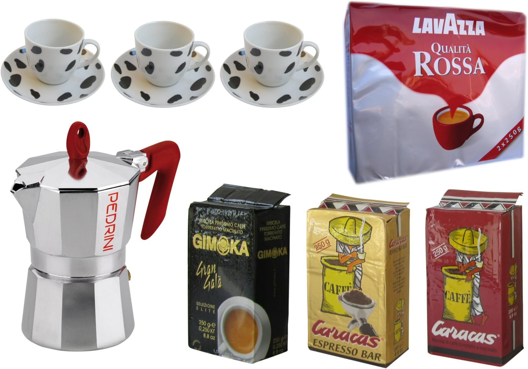 Set Italian Coffee+Moka #30: Pedrini "Kaffettiera" 3-Cups + 3 Cow-spotted Coffee Cups + 5 Packs of Italian Coffees! (250 Gr Each)