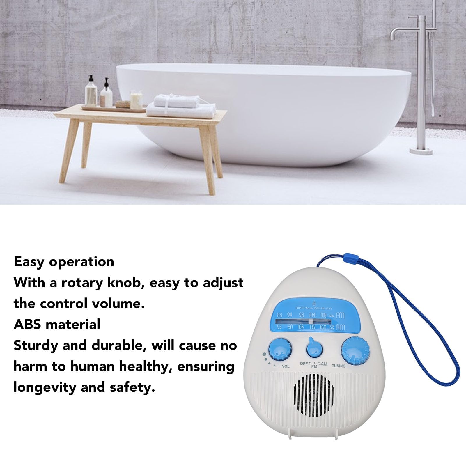 Dpofirs Radio de Douche Portable AM/FM, Radio de Douche Suspendue Étanche, Volume Réglable, Radios de Douche à Piles pour Salle de Bain, Cuisine, Extérieur