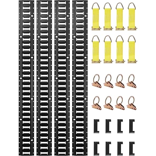 VEVOR E Track Tie-Down Rail Kit, 30PCS 5FT E-Tracks Set Includes 4 Steel Rails & 2 Single Slot & 8 O Rings & 8 Tie-Offs w/D-Ring & 8 End Caps, Securing Accessories for Cargo, Motorcycles, and Bikes