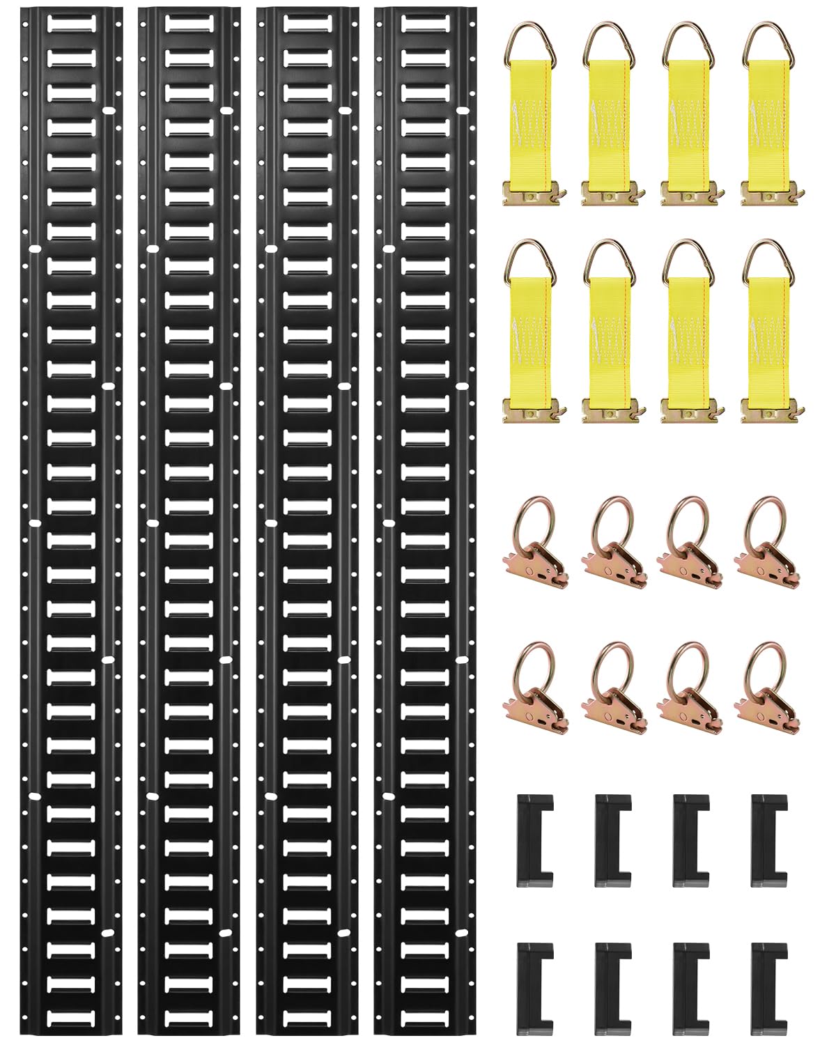 VEVOR E Track Tie-Down Rail Kit, 30PCS 5FT E-Tracks Set Includes 4 Steel Rails & 2 Single Slot 8 O Rings Tie-Offs w/D-Ring End Caps, Securing Accessories for Cargo, Motorcycles, and Bikes, Black