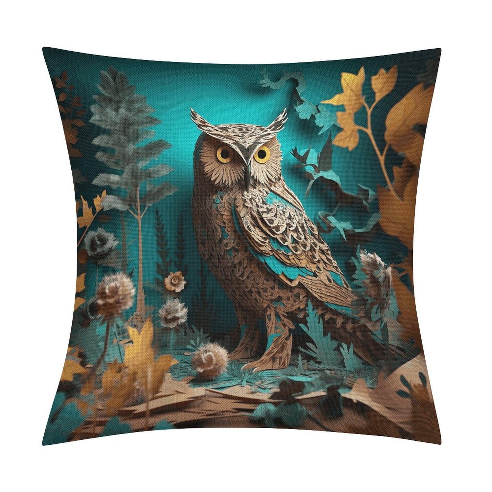 LZQPOEAS Owl Throw Pillow Covers, Waterproof Faux Linen Pillow Cases with Invisible Zipper, Decorative Square Cushion Covers for Sofa Couch Living Room Bedroom 18x18 Inch