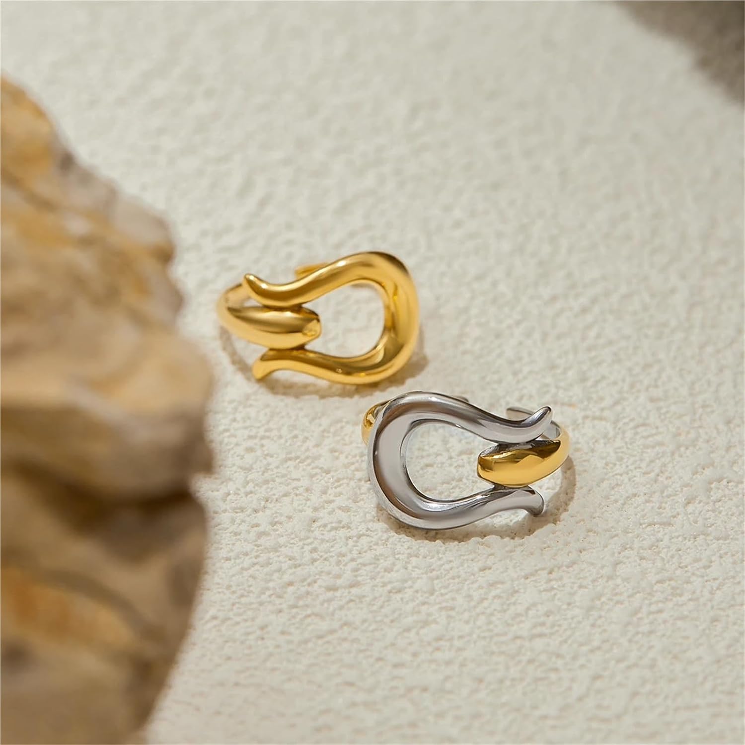Two Color Irregular Skeleton Rings Metal Stainless Steel Finger Jewelry Glossy Minimalist Geometric Rings For Gift 1Pcs