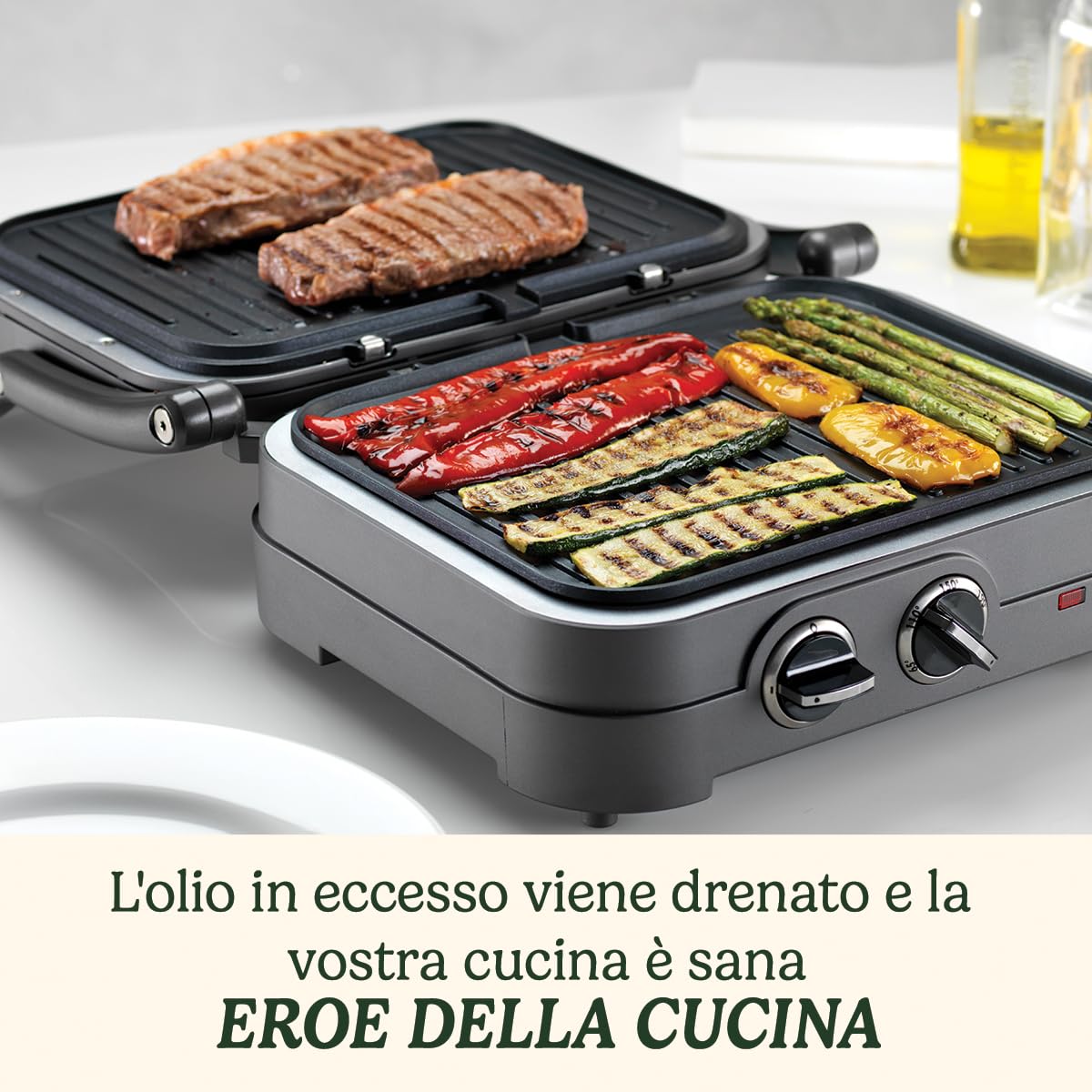 Cuisinart GR47BE Grill Piastre anti-aderenti rimovibili e lavabili in lavastoviglie, Temperatura fino a 240°C, Utilizzabile chiusa o aperta, Raccogli olii integrato nella base, blu