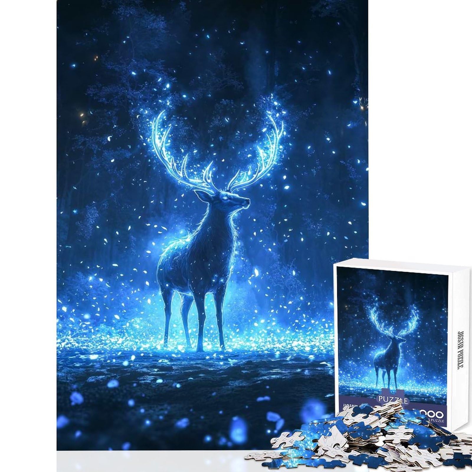 Magical Deer in Blue Forest Jigsaw Puzzle1000 Pieces Think Boost Game Neat Cut Perfect Alignment Delightful Pastime for Lazy Afternoons 50x75cm