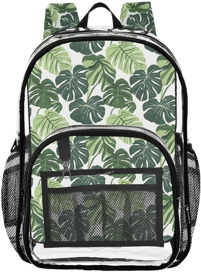 Green Monstera Leaf Summer Clear Backpack PVC Transparent Bookbag Heavy Duty for Student Boy Girl Kids Adult School Travel Work