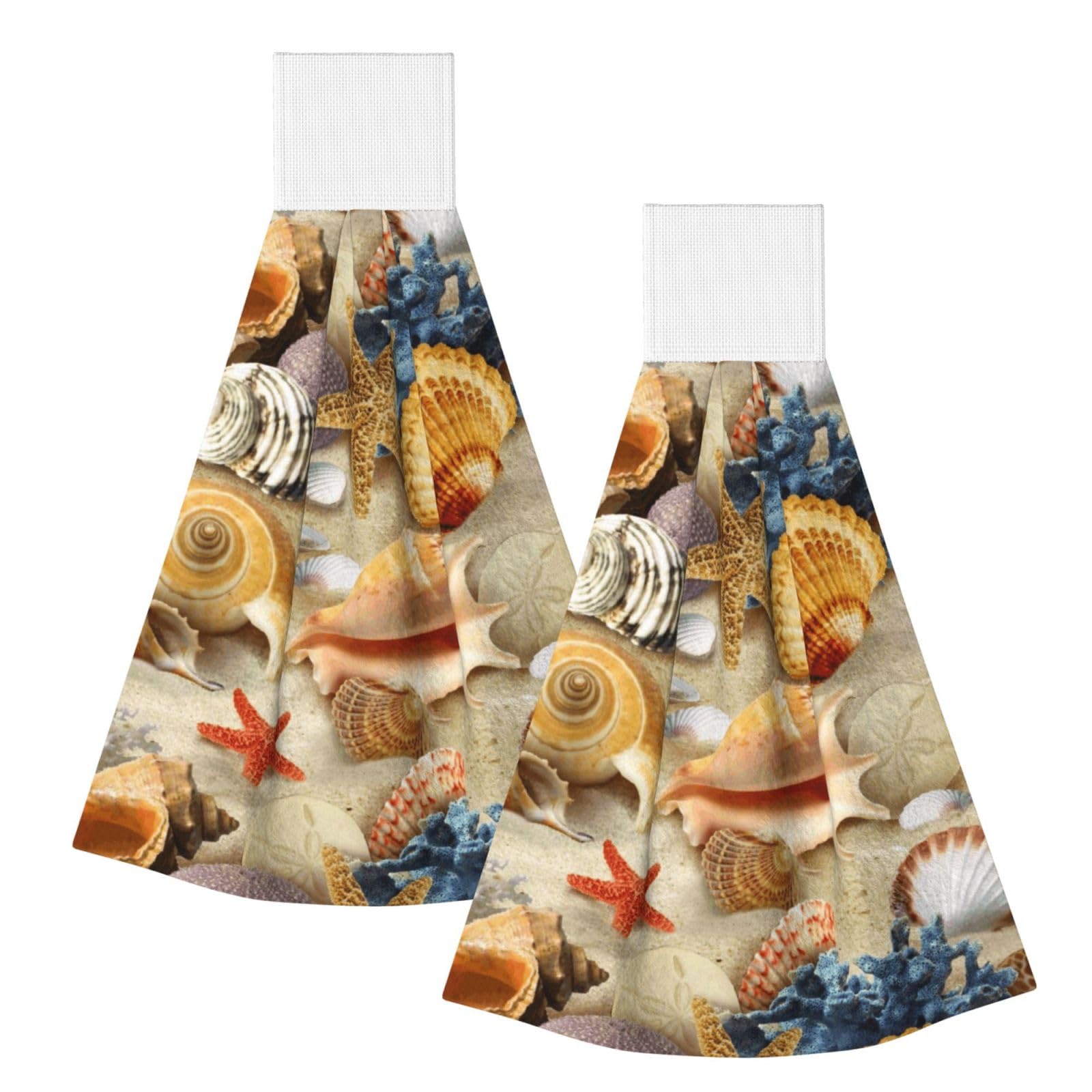 DOPKLNA Colorful Group Of Seashells, 2 Pcs Hanging Coral Fiber Hand Towels for Bathroom, Absorbent Kitchen Towels