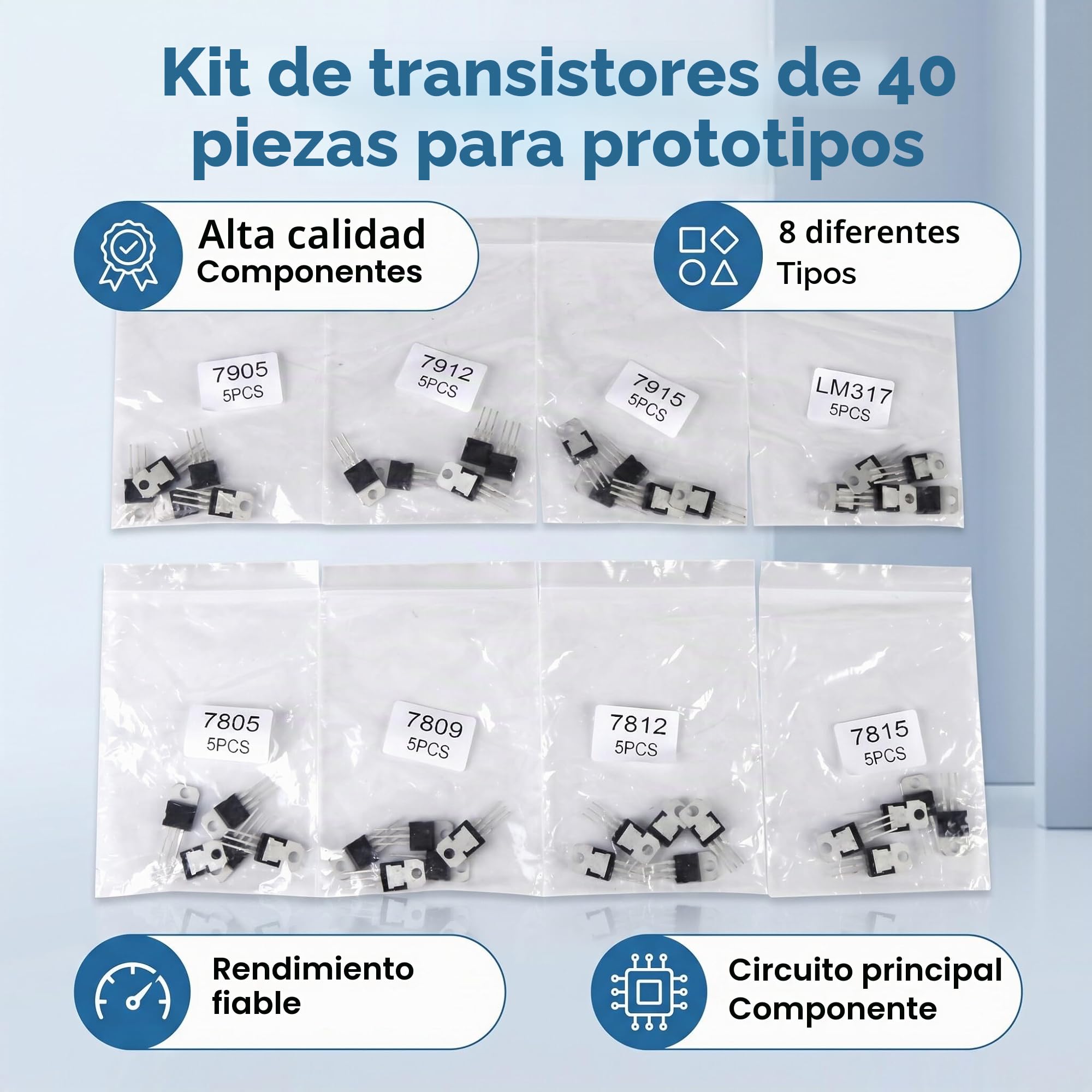 Kit Surtido de Reguladores de Voltaje y Transistores, 40 Piezas, 8 Tipos, Modelos 7805 7809 7812 7815 7905 7912 7915 A220 Canal N