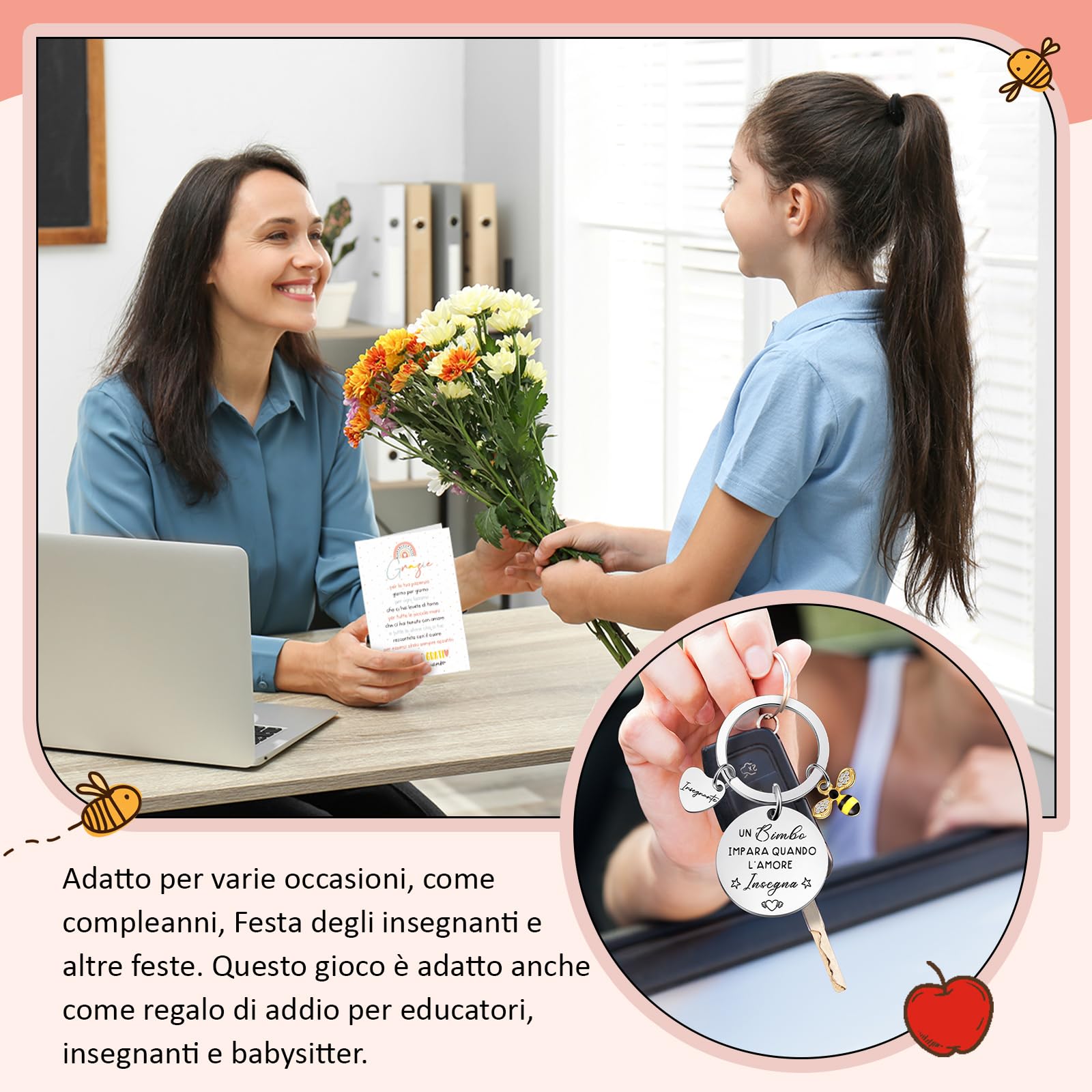 Tenare 6 Set Idee Regalo Insegnanti Include 6 Segnalibri Maestra 6 Portachiavi Insegnanti 6 Biglietti Arcobaleno e 6 Buste Regalo Maestra Fine Anno per Asilo Ci Vuole un Grande Cuore