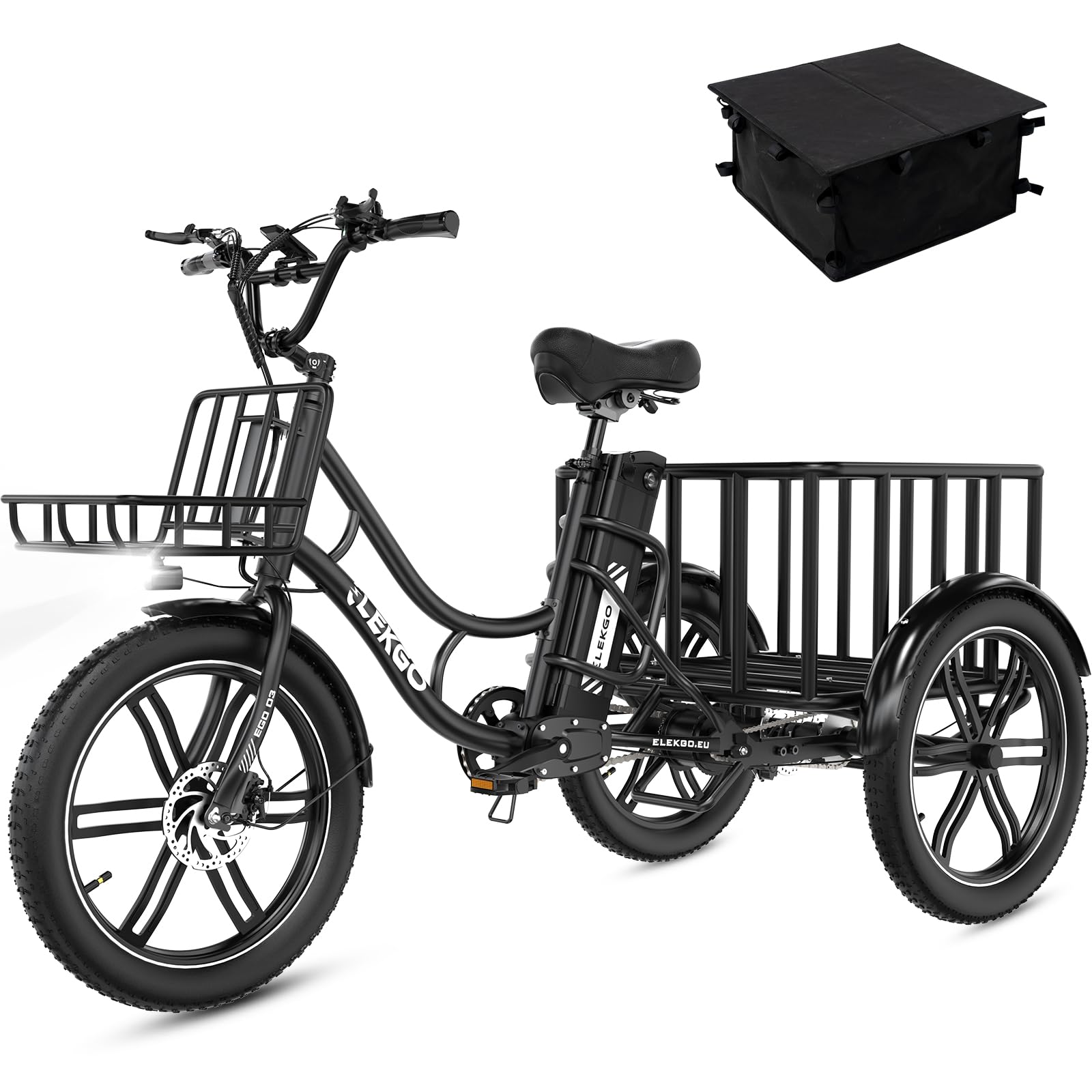 ELEKGO 20 Zoll E Bike Dreirad, 48V 18AH abnehmbare Batterie, NFC-Entriegelung, Vorwärts- und Rückwärtsgang, mit Fettreifen, Scheinwerfer, Lastenfahrrad, Tragfähigkeit 200 kg