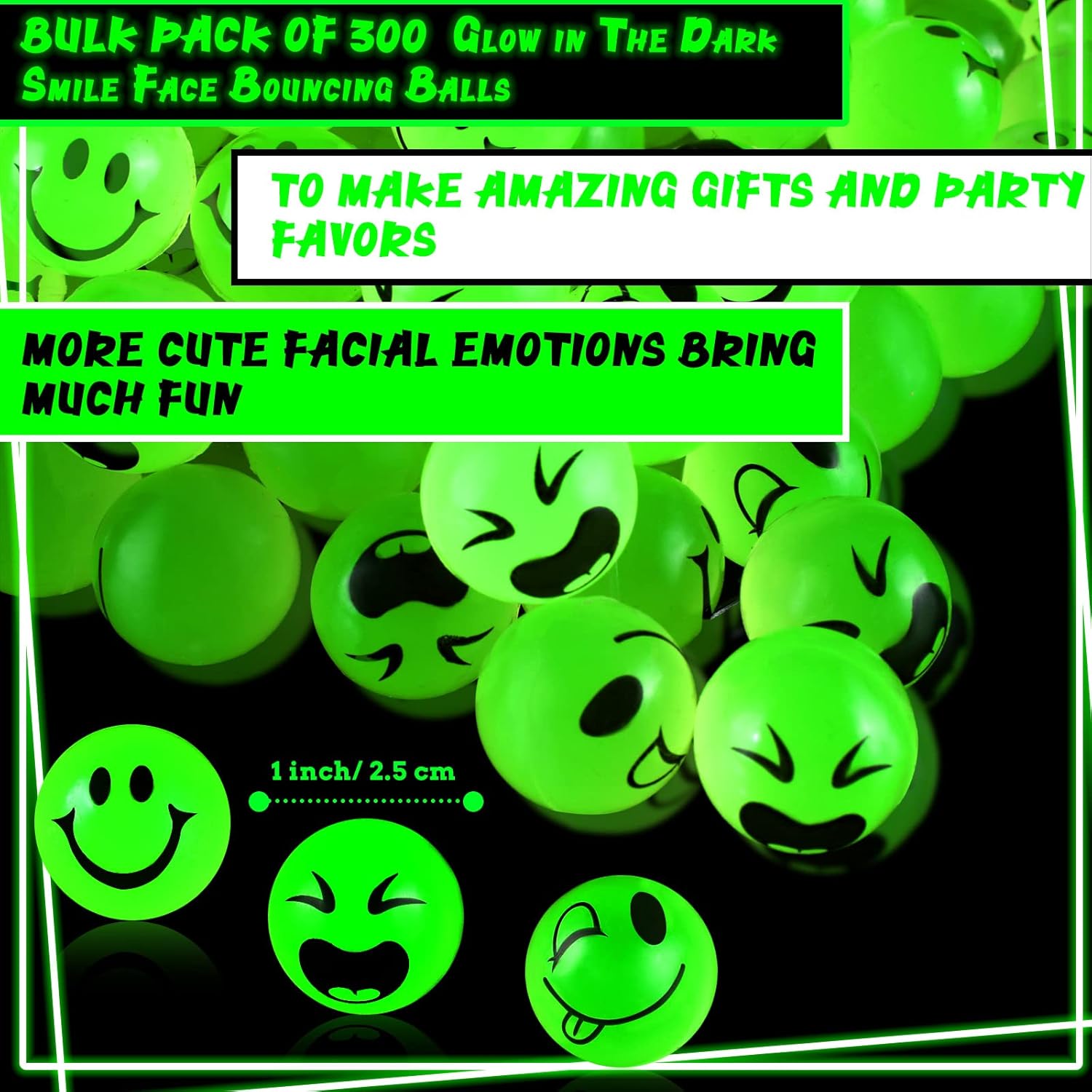 Deekin 300 Pack Bouncy Balls Bulk Glow in the Dark Smile Face 1 Inch Mini High Bounce Bouncy Balls 3 Facial Styles for Kids Teens Party Birthday Favors Goodie Gift Bag Fillers